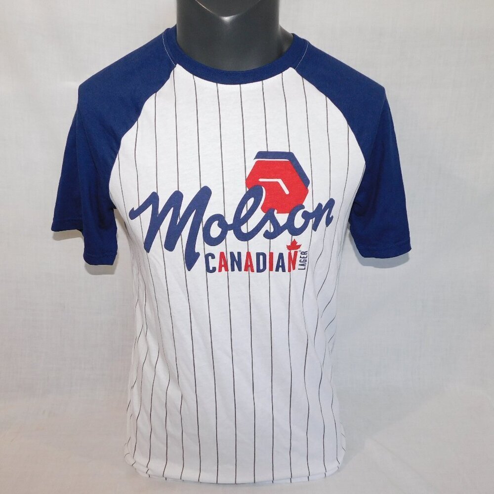Molson Canadian Beer Short Sleeve Raglan Baseball Shirt Blue White Mens M